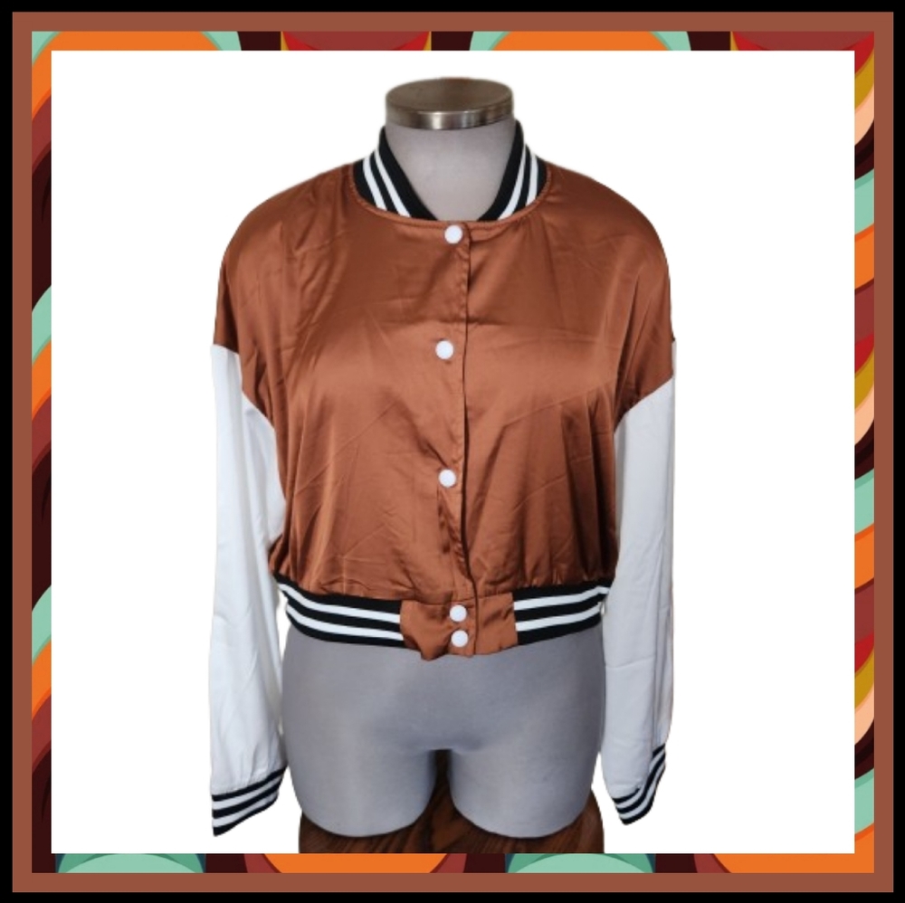 RUSTY BROWN SATIN ☆ BASEBALL STYLE ☆ CROPPED LIGHTWEIGHT JACKET ☆ NWT
